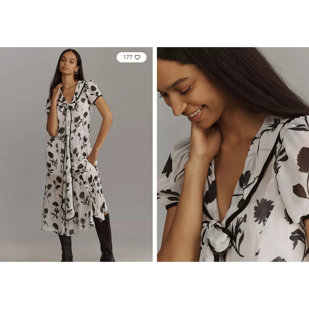 Maeve Shirt Dress Women XS Black White Floral Tie-Neck Midi Sheer Excellent